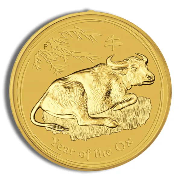 Gold coin featuring a reclining ox design, symbolizing the Year of the Ox in the Chinese zodiac, with intricate details and a polished finish.