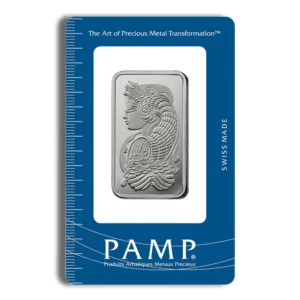 PAMP Suisse silver bar featuring an elegant design of a woman with intricate detailing, presented in a protective blue packaging marked "Swiss Made." Ideal for collectors and investors in precious metals.