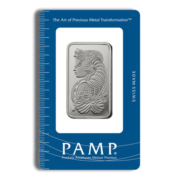 PAMP Suisse silver bar featuring an elegant design of a woman with intricate detailing, presented in a protective blue packaging marked "Swiss Made." Ideal for collectors and investors in precious metals.