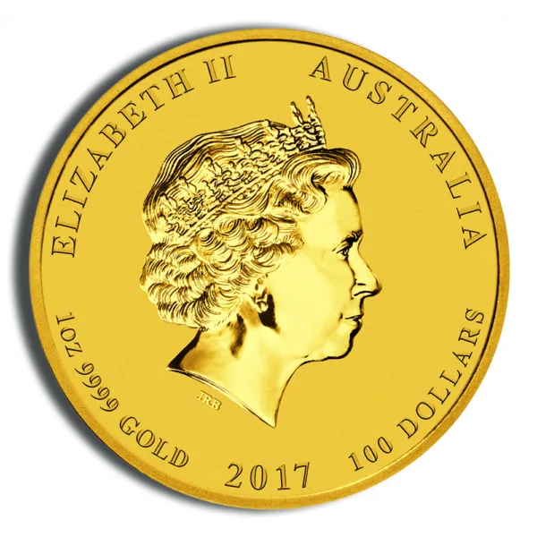 Gold coin featuring a profile of Queen Elizabeth II, minted in Australia in 2017, with a denomination of 100 dollars and made of 1 oz 9999 gold.