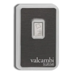 Valcambi Suisse 2.5g platinum bar in protective packaging, showcasing high purity of 999.5. Ideal for investors and collectors of precious metals.