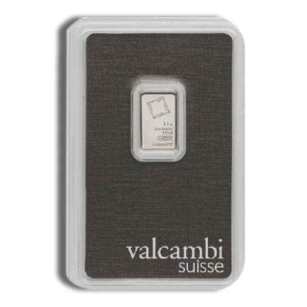 Valcambi Suisse 2.5g platinum bar in protective packaging, showcasing high purity of 999.5. Ideal for investors and collectors of precious metals.