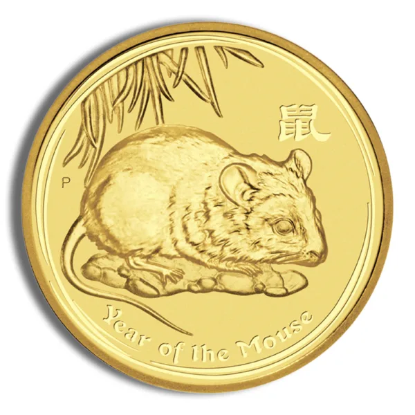 Gold coin featuring a detailed engraving of a rat, symbolizing the Year of the Rat in the Chinese zodiac, with decorative elements.
