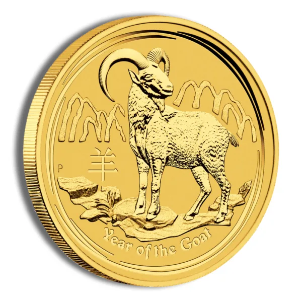 Gold coin featuring a ram design, symbolizing prosperity and wealth, with intricate detailing and a shiny finish.