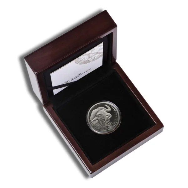 Silver coin displayed in a velvet-lined wooden presentation box, featuring an elegant design and certificate of authenticity.