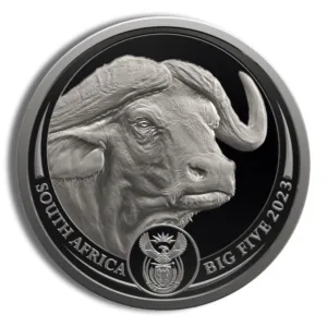 South Africa Big Five 2023 silver coin featuring a detailed depiction of a buffalo's head, showcasing its prominent horns and textured surface against a black background.