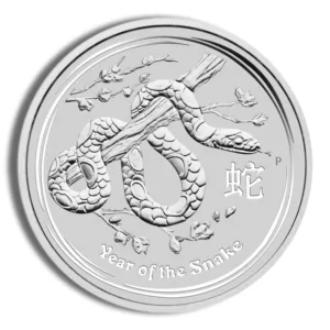 Silver coin featuring a detailed design of a snake coiled around a branch, with floral accents, commemorating the Year of the Snake. Ideal for collectors and enthusiasts of zodiac-themed currency.
