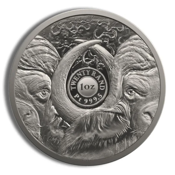 Silver coin featuring intricate elephant designs, showcasing a detailed relief of two elephants' heads and a prominent "1 oz" stamp, symbolizing its weight and authenticity. Ideal for collectors and investors in precious metals.