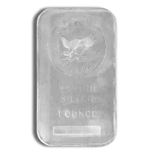 Silver bullion bar weighing 1 ounce, featuring an eagle design and stamped with purity and weight details, ideal for investment and collection.