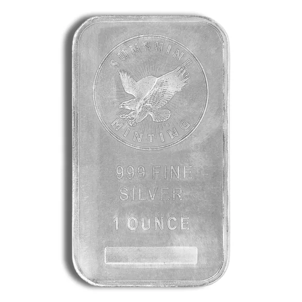 Silver bullion bar weighing 1 ounce, featuring an eagle design and stamped with purity and weight details, ideal for investment and collection.