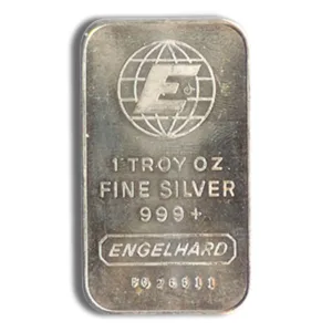 Engelhard 1 troy ounce fine silver bar featuring a polished surface, marked with "999+" purity and the Engelhard logo, ideal for collectors and investors in precious metals.