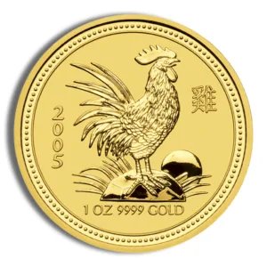 Gold coin featuring a rooster design, symbolizing the Year of the Rooster, with inscriptions indicating it is 1 oz of 9999 pure gold, minted in 2005.