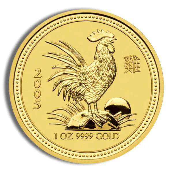 Gold coin featuring a rooster design, symbolizing the Year of the Rooster, with inscriptions indicating it is 1 oz of 9999 pure gold, minted in 2005.