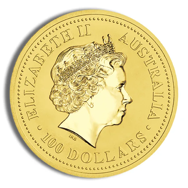 Gold coin featuring the profile of Queen Elizabeth II, inscribed with "Australia" and "100 Dollars."