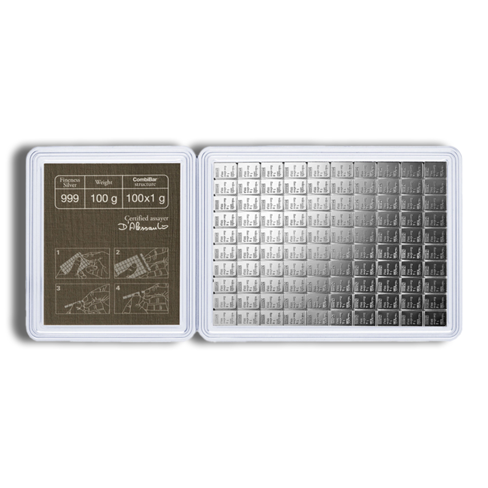 100g CombiBar silver bullion, featuring fine silver purity of 999 and a unique breakable design, displayed in a protective case with detailed assay information. Ideal for investment and collection.