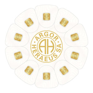 Gold bullion bars arranged in a circular design featuring the Argor-Heraeus logo at the center, showcasing the brand's commitment to quality and purity. Ideal for investors and collectors, this image highlights the elegance and craftsmanship of Swiss gold products.
