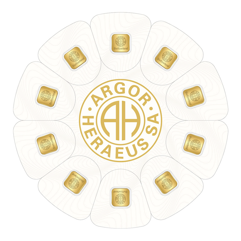 Gold bullion bars arranged in a circular design featuring the Argor-Heraeus logo at the center, showcasing the brand's commitment to quality and purity. Ideal for investors and collectors, this image highlights the elegance and craftsmanship of Swiss gold products.