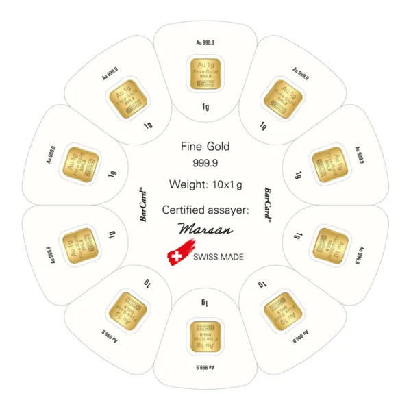 Alt text: A circular arrangement of gold bars, each labeled with "Fine Gold 999.9" and weight specifications of 1g. The center displays "Weight: 10x1 g" and "Certified assayer: Marsan, SWISS MADE," highlighting the quality and authenticity of the gold.
