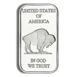Silver bullion bar featuring a buffalo design, inscribed with "United States of America" and "In God We Trust." Ideal for collectors and investors in precious metals.