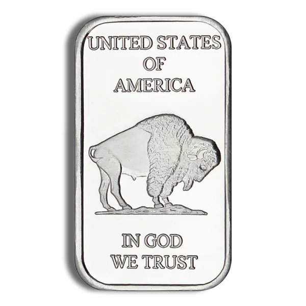 Silver bullion bar featuring a buffalo design, inscribed with "United States of America" and "In God We Trust." Ideal for collectors and investors in precious metals.