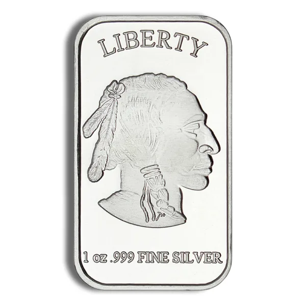 Silver bullion bar featuring a Native American profile, inscribed with "LIBERTY" and "1 oz .999 Fine Silver," showcasing its value and purity. Ideal for collectors and investors in precious metals.