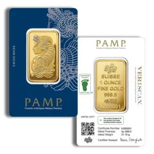 PAMP gold bar in a protective assay card, featuring a 1-ounce fine gold ingot with intricate design and certification details, ideal for investment and collection.