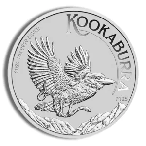 Silver Kookaburra coin featuring a detailed engraving of a flying kookaburra bird, with the inscription "KOOKABURRA" and the year of minting. Ideal for collectors and investors in precious metals.