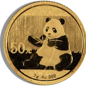 Gold coin featuring a panda design, marked with "50元" and "3g Au 999," representing Chinese currency and purity.