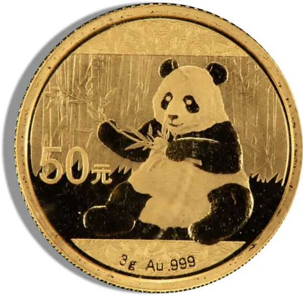 Gold coin featuring a panda design, marked with "50元" and "3g Au 999," representing Chinese currency and purity.
