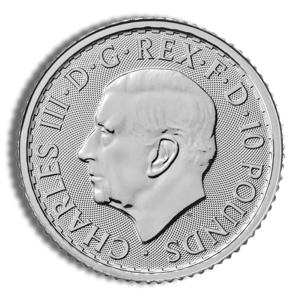 Silver coin featuring a profile of Charles III, inscribed with "CHARLES III D.G. REX F.D. 10 POUNDS," highlighting its value and royal imagery.