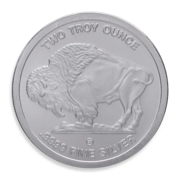 Silver bullion coin featuring a buffalo design, weighing two troy ounces, with the inscription "Two Troy Ounce" and "Fine Silver." Ideal for collectors and investors in precious metals.