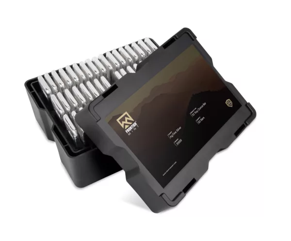Frontier Mint silver bullion display box featuring a sleek design and containing multiple 1 oz silver bars, showcasing high-quality craftsmanship and branding details. Ideal for collectors and investors in precious metals.