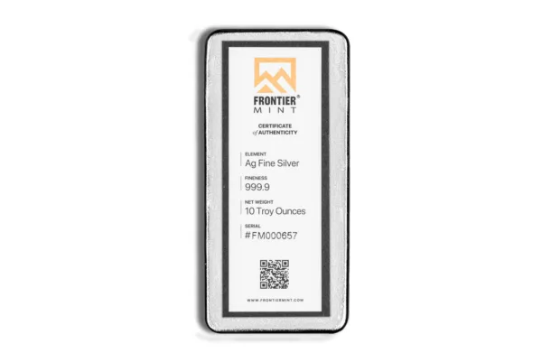 Silver bullion bar from Frontier Mint, featuring an assay certificate with details including weight and purity, designed for collectors and investors.
