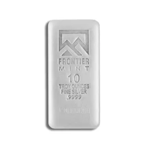 10 oz silver bar from Frontier Mint, featuring a sleek design with the mint logo and purity markings of .999 fine silver. Ideal for investment and collectors.