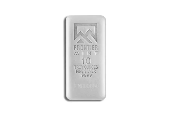 10 oz silver bar from Frontier Mint, featuring a sleek design with the mint logo and purity markings of .999 fine silver. Ideal for investment and collectors.