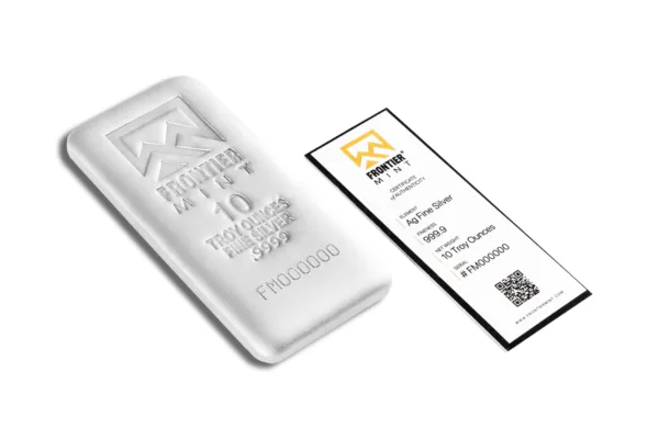 Silver bullion bar weighing 10 ounces with a certification card displaying authenticity and specifications, ideal for investment and collectors.