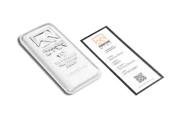 10-ounce silver bar from Frontier Mint, featuring a certificate of authenticity. The bar is made of .999 fine silver and displays the serial number FM000657. Ideal for collectors and investors in precious metals.