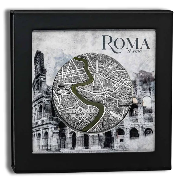 Framed decorative map of Rome featuring a circular illustration of the Tiber River, set against a backdrop of the Colosseum and the word "Roma" at the top.