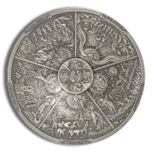 Detailed silver zodiac wheel featuring intricate carvings of various astrological symbols and animals, representing the twelve signs of the zodiac. Ideal for astrology enthusiasts and decorative purposes.