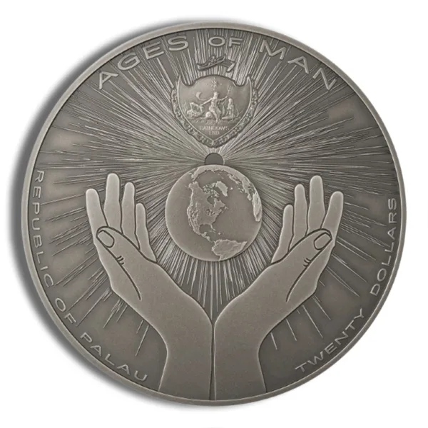 Silver commemorative coin featuring a crowned figure above a globe, supported by two hands, symbolizing unity and peace. The inscription includes "Abu Dhabi" and "International Conference of the World Peace" around the edge.