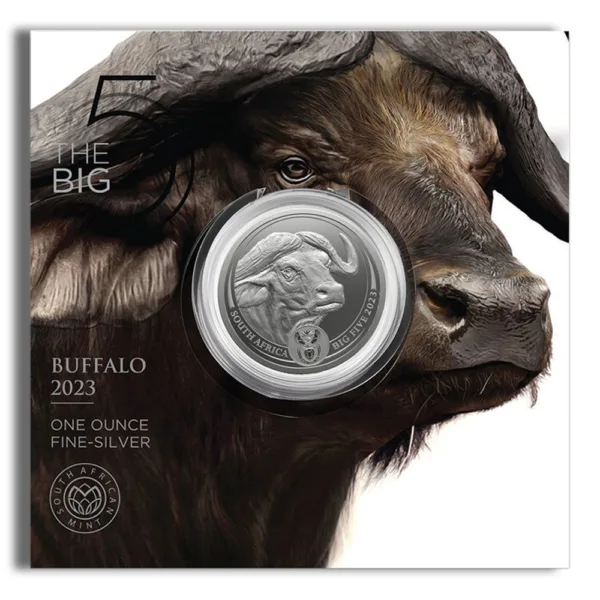 2023 Buffalo silver coin featuring a close-up of a buffalo's head, showcasing intricate details of the animal and the coin's design, emphasizing its one-ounce fine silver composition.