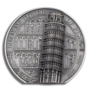 Silver commemorative coin featuring the Leaning Tower of Pisa, showcasing intricate architectural details and the iconic tilt of the tower.