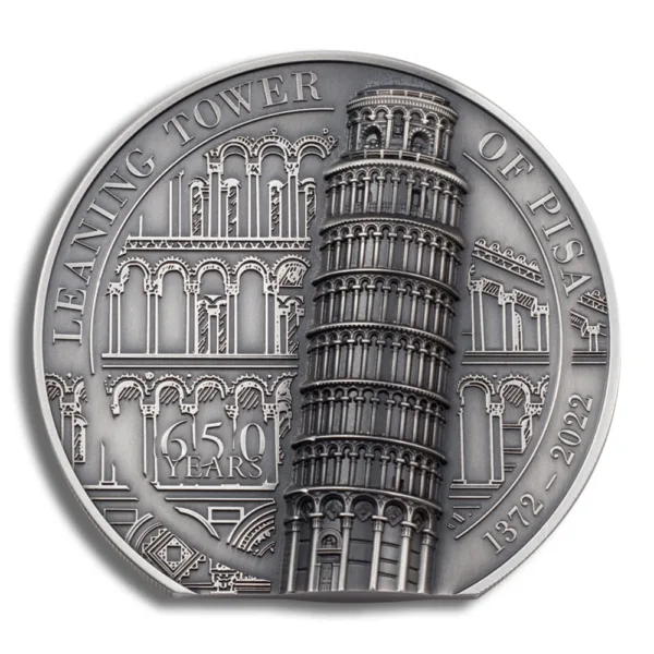 Silver commemorative coin featuring the Leaning Tower of Pisa, showcasing intricate architectural details and the iconic tilt of the tower.