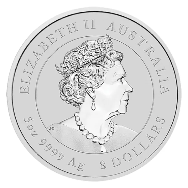 Silver coin featuring a profile of Queen Elizabeth II, inscribed with "Elizabeth II Australia," "3 oz 9999 Ag," and "8 Dollars."