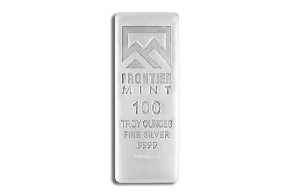 Frontier Mint 100-ounce silver bar, featuring high-quality .999 fine silver, ideal for investment and collection.