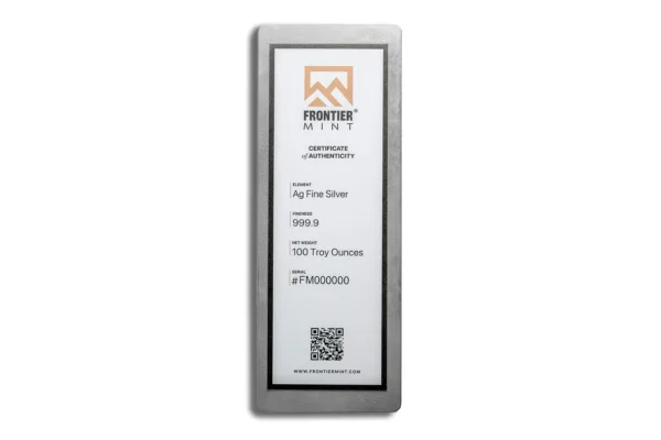 Label of a Frontier Metal product, featuring the brand logo, product name, model number, and a QR code for additional information.