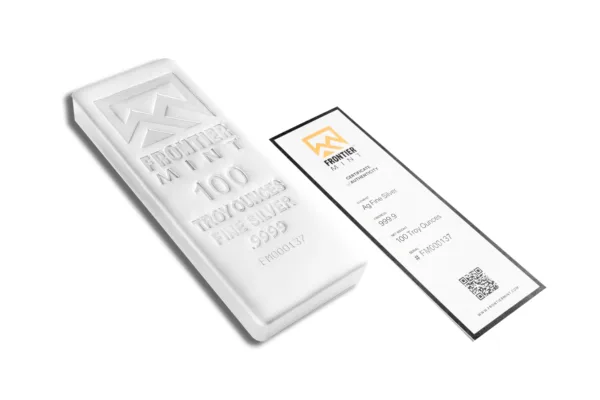 Silver bullion bar weighing 100 ounces with an accompanying certificate of authenticity, featuring a QR code for verification.