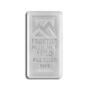 One kilogram silver bar from Frontier Mint, featuring a sleek design and marked with "1 KILO Fine Silver .999." Ideal for investors and collectors of precious metals.