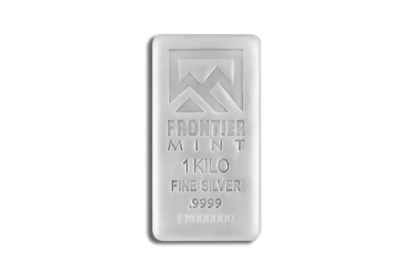 One kilogram silver bar from Frontier Mint, featuring a sleek design and marked with "1 KILO Fine Silver .999." Ideal for investors and collectors of precious metals.