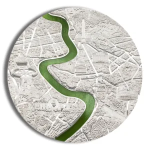 Aerial view of a winding river surrounded by a detailed map layout, showcasing urban features and terrain in a circular format.